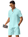 Casual Cotton Linen Stand Collar Shirt Set (US Only) Sets coofandy Light Green S 
