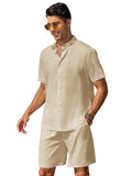 Casual Cotton Linen Stand Collar Shirt Set (US Only) Sets coofandy Light Coffee S 