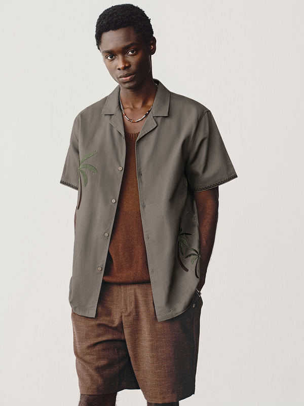 Tropical Embroidered Cuban Collar Linen Blend Shirt