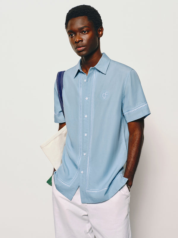 Casual Contrast Embroidery Lyocell-Linen Blend Shirt