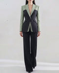 Color Block Tailored Blazer And Wide Leg Pants Set
