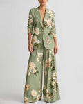 Vintage Floral Print Blazer And Wide Leg Pants Set