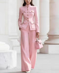 Mandarin Collar Military Style Blazer And Wide Leg Pants Set