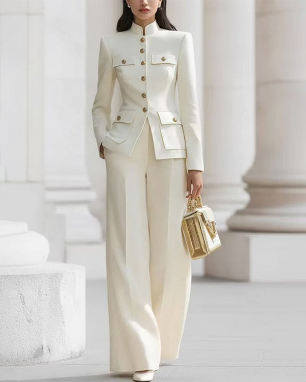 Mandarin Collar Military Style Blazer And Wide Leg Pants Set