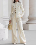 Mandarin Collar Military Style Blazer And Wide Leg Pants Set