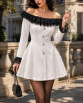 Romantic Faux Velvet Lace Trim Off-the-Shoulder Dress