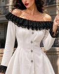 Romantic Faux Velvet Lace Trim Off-the-Shoulder Dress