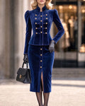 Elegant Velvet Blazer and High-Waisted Midi Skirt Set