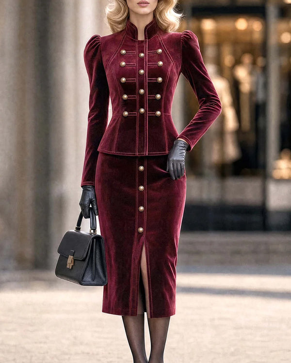 Elegant Velvet Blazer and High-Waisted Midi Skirt Set