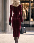 Elegant Velvet Blazer and High-Waisted Midi Skirt Set