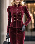 Elegant Velvet Blazer and High-Waisted Midi Skirt Set