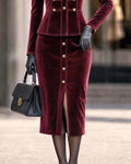 Elegant Velvet Blazer and High-Waisted Midi Skirt Set