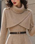 Elegant Turtleneck Cape Shoulder Double-faced Tweed Dress