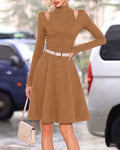 Faux Two Piece Cold Shoulder Button Front A-Line Dress