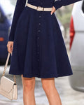 Faux Two Piece Cold Shoulder Button Front A-Line Dress
