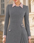 Faux Two Piece Collared Asymmetric Pleated Mini Dress