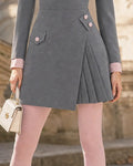 Faux Two Piece Collared Asymmetric Pleated Mini Dress