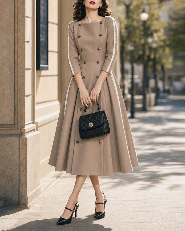 Double Breasted Contrast Trim A-Line Midi Dress