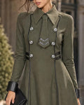 Double Breasted Necktie Faux Leather Trim A-Line Mini Dress