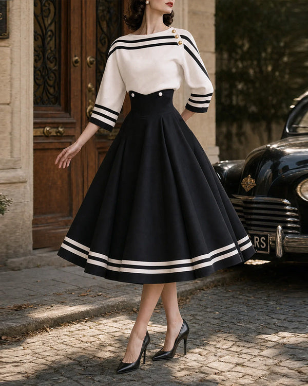 Retro Striped Buttoned Top & Corset Swing Skirt Set