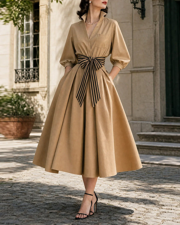Vintage V-Neck Lantern Sleeve Cotton Swing Midi Dress