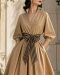 Vintage V-Neck Lantern Sleeve Cotton Swing Midi Dress