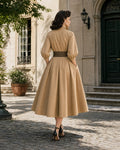 Vintage V-Neck Lantern Sleeve Cotton Swing Midi Dress