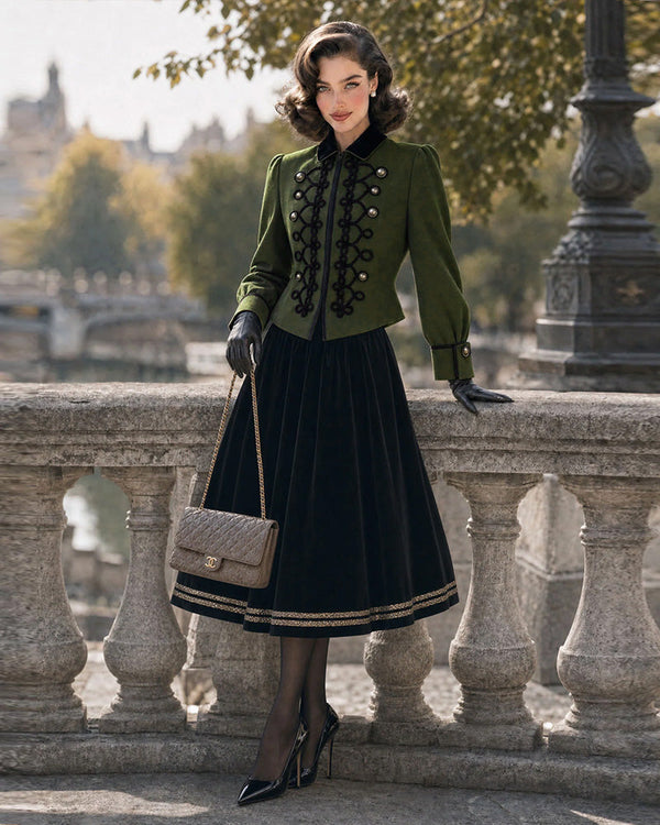 Retro Soutache Braided Jacket & Flared Velvet Midi Skirt Two-Piece Set