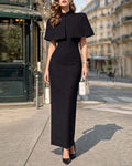 Stand Collar Capelet Column Maxi Dress