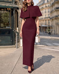 Stand Collar Capelet Column Maxi Dress