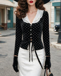 Elegant Tie Front Polka Dot Velvet Blouse