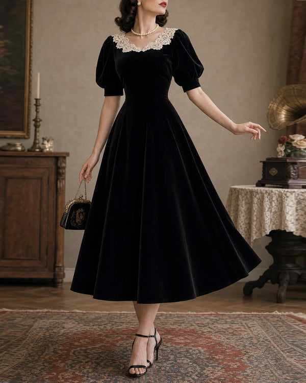 Vintage Puff Sleeve Velvet A-Line Midi Dress