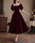 Vintage Puff Sleeve Velvet A-Line Midi Dress