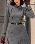 Vintage Double Breasted Pleated Hem Short Dress