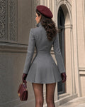 Vintage Stand Collar Button Bars Pleated Mini Dress