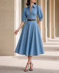 Elegant Puff Sleeve Button Front A-Line Dress with Contrast Button Front