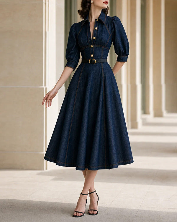 Elegant Puff Sleeve Button Front A-Line Dress with Contrast Button Front