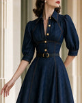 Elegant Puff Sleeve Button Front A-Line Dress with Contrast Button Front