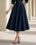 Elegant Puff Sleeve Button Front A-Line Dress with Contrast Button Front