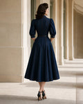 Elegant Puff Sleeve Button Front A-Line Dress with Contrast Button Front