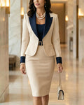 Contrast Peak Lapel Blazer & High-Waist Pencil Skirt Set
