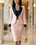 Contrast Peak Lapel Blazer & High-Waist Pencil Skirt Set