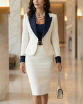 Contrast Peak Lapel Blazer & High-Waist Pencil Skirt Set