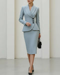 Asymmetric Button Peak Lapel Blazer & Pencil Skirt Set