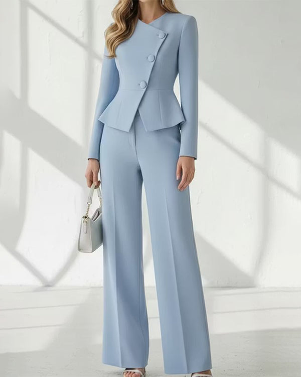 Asymmetric Button Peplum Blazer Wide Leg Pants Set