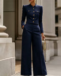 Notched Mandarin Collar Cropped Jacket and Wide-Leg Pants Set