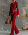 Mandarin Collar Tweed Jacket and Flared Pants Set