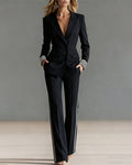 Striped Trim Double-Breasted Blazer and Flared Pants Set