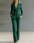 Striped Trim Double-Breasted Blazer and Flared Pants Set