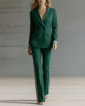 Striped Trim Double-Breasted Blazer and Flared Pants Set